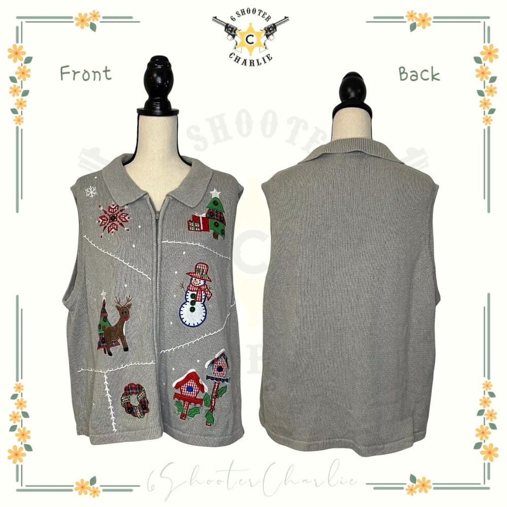 BECHAMEL WOMAN Christmas Sweater Vest Grey Plus Size 2X Reindeer Zip Up Trees